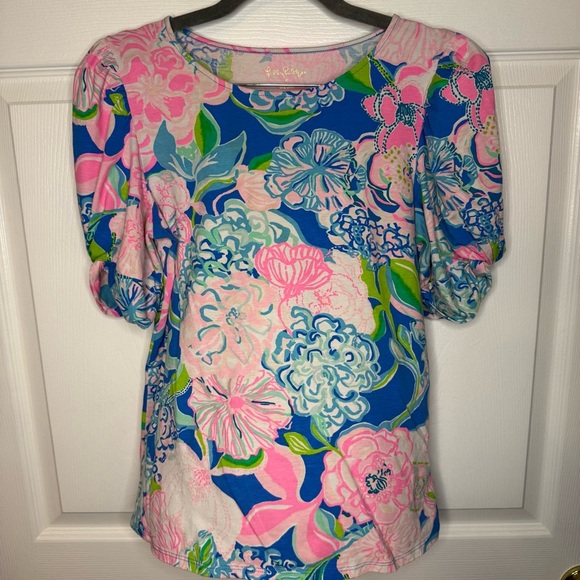 Lilly Pulitzer Elisabette Top Multi Peony For Your Thoughts Puff Twisted Sleeve - Picture 1 of 8